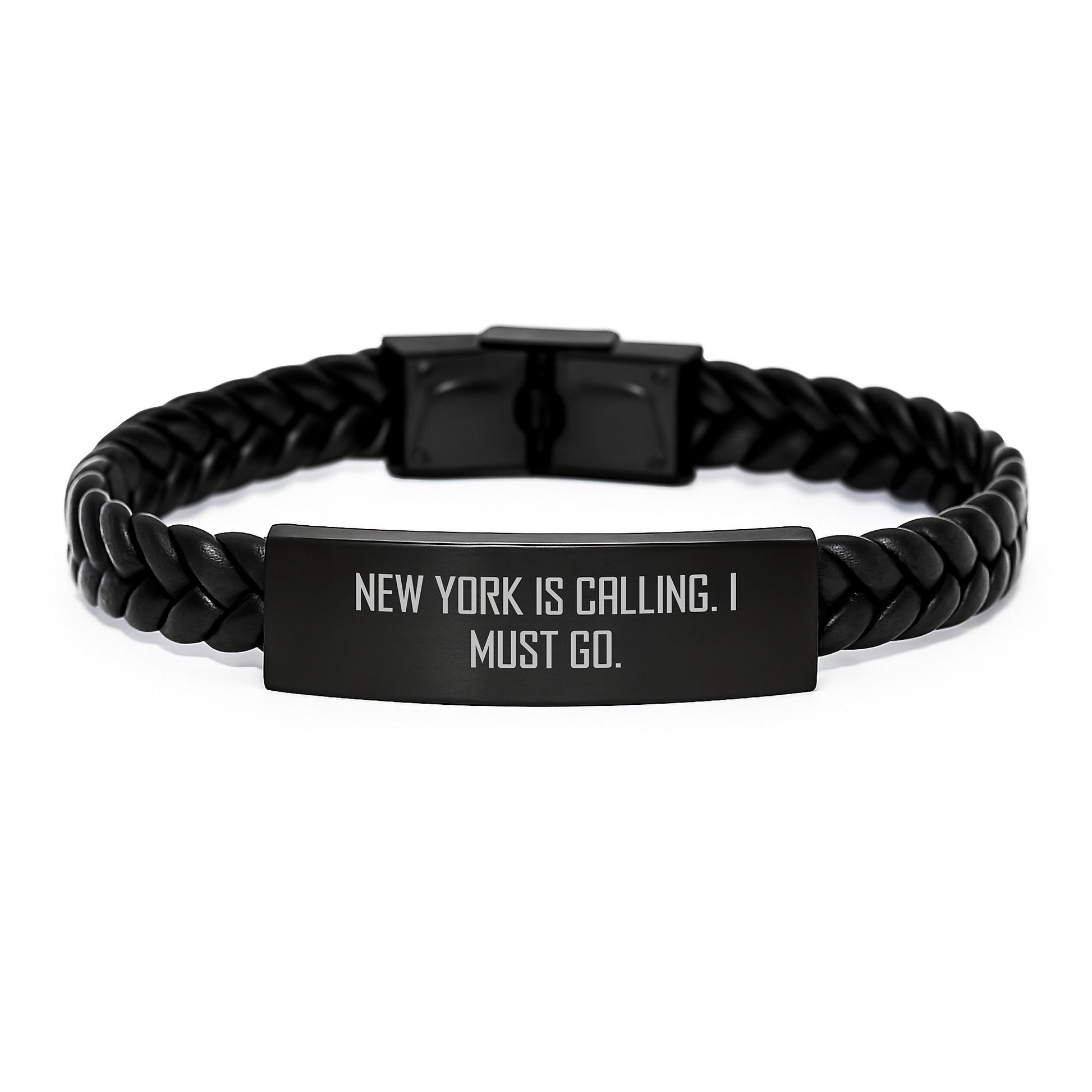 New York Gifts from Friends, Inspirational Interlaced Leather Bracelet for Graduation, 'New York Is Calling. I Must Go.' Quote, Stainless Steel and PU Leather Combo - Image 1