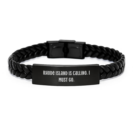 Rhode Island Is Calling, I Must Go! Interlaced Leather Graduation Gifts from Friends, Family, or Coworkers for Men and Women - Image 1