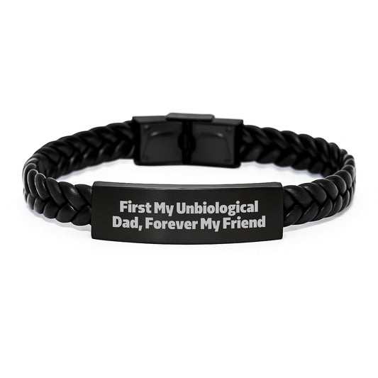 Unbiological Dad Gifts, First My Unbiological Dad, Forever My Friend - Interlaced Leather Bracelet for Graduation, Unique Gifts from Men to Unbiological Dad - Image 1