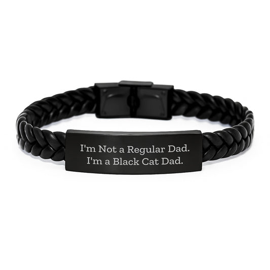 Funny Black Cat Dad Gifts for Him, Interlaced Leather Bracelet with Stainless Steel, Perfect for Christmas Unique Gifts from Sons, Dads, or Friends - Image 1