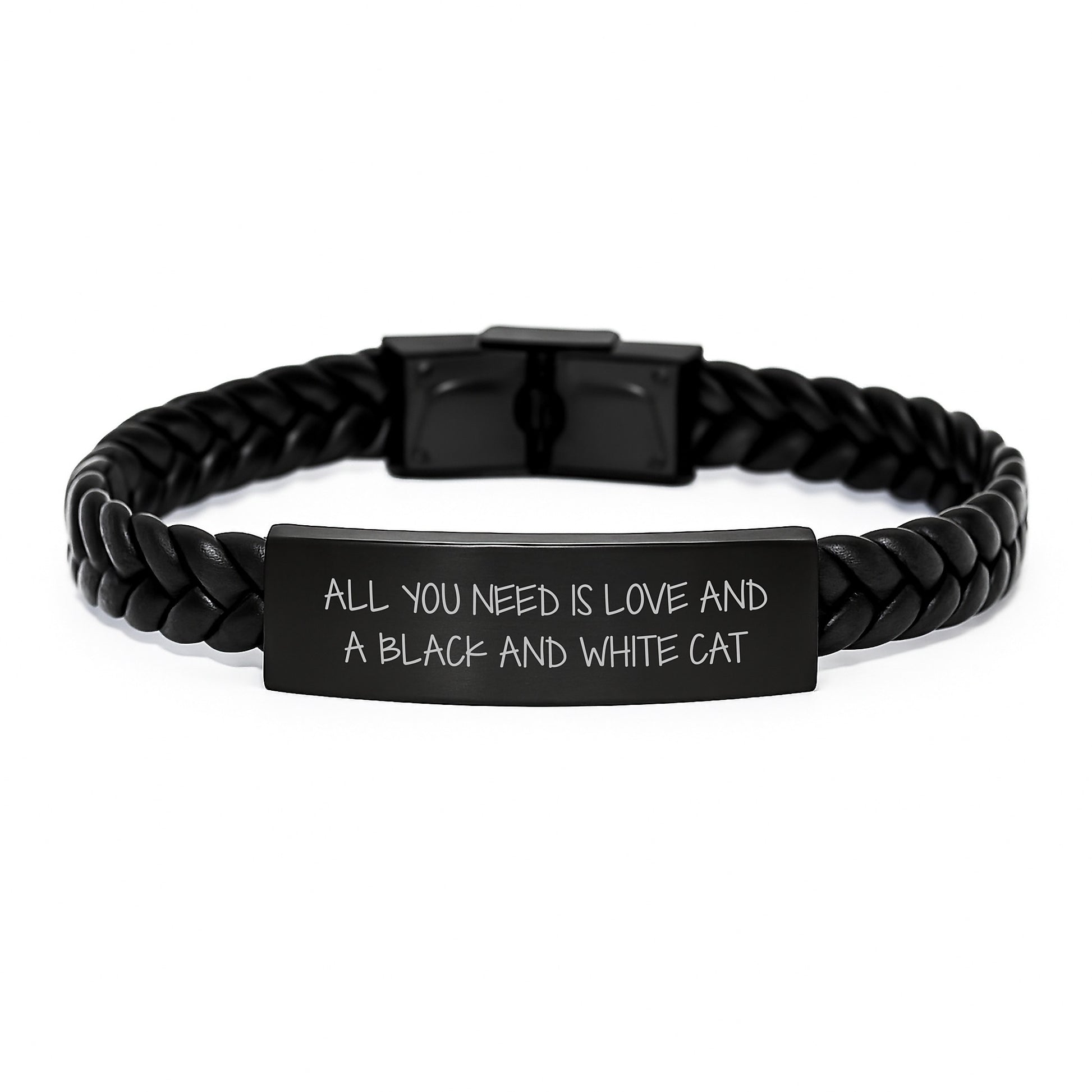 Funny Black and White Cat Gifts, Interlaced Leather Bracelet for Men, Women, Friends, Family - All You Need Is Love And A Black And White Cat - Image 1