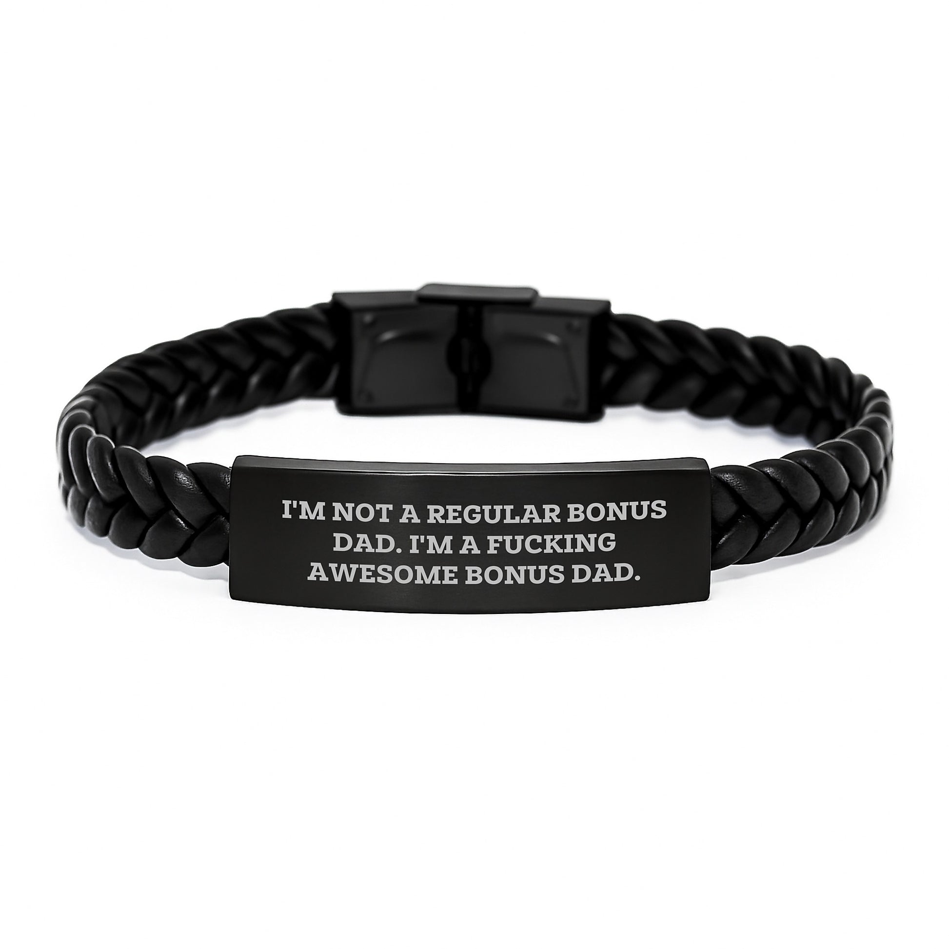 Funny Bonus Dad Gifts for Men - I'm Not A Regular Bonus Dad Interlaced Leather Bracelet, Stainless Steel & PU Leather, Christmas Unique Gifts from Men to Bonus Dads - Image 1