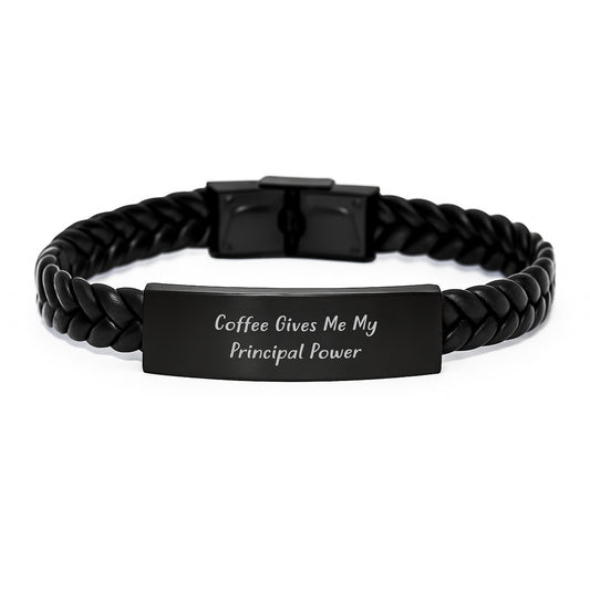 Funny Principal Gifts from Men, Inspirational Interlaced Leather Bracelet for Graduation Unique Gifts, Coffee Gives Me My Principal Power - Image 1