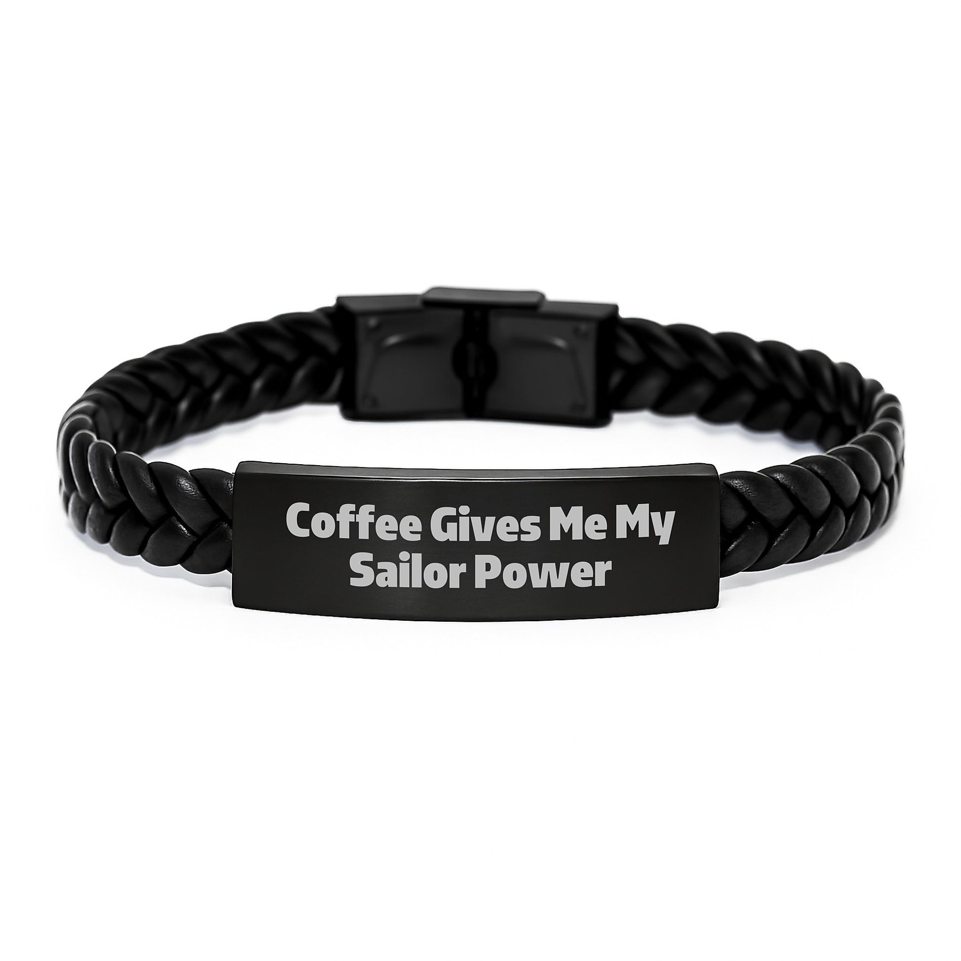 Funny Sailor Gifts for Men - Christmas Unique Leather Bracelets with Stainless Steel, 'Coffee Gives Me My Sailor Power' Quote - Interlaced Leather Cuff for Sailor Friends - Image 1