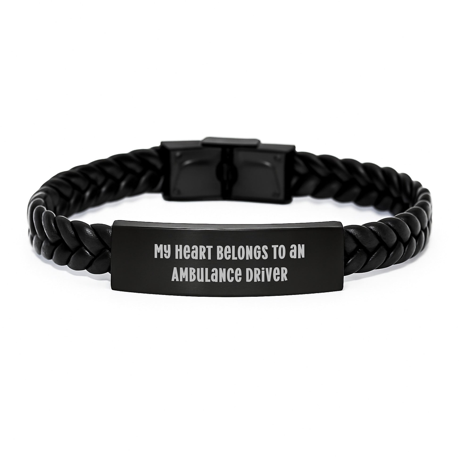 Funny Ambulance Driver Gifts for Him, Stainless Steel and Leather Interlaced Bracelet, 'My Heart Belongs To An Ambulance Driver' Quote, Christmas Unique Gifts from Men to Ambulance Drivers - Image 1