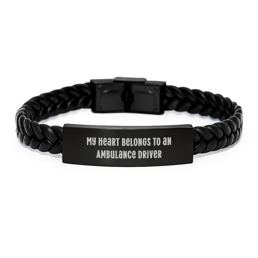 Funny Ambulance Driver Gifts for Him, Stainless Steel and Leather Interlaced Bracelet, 'My Heart Belongs To An Ambulance Driver' Quote, Christmas Unique Gifts from Men to Ambulance Drivers - Image 1