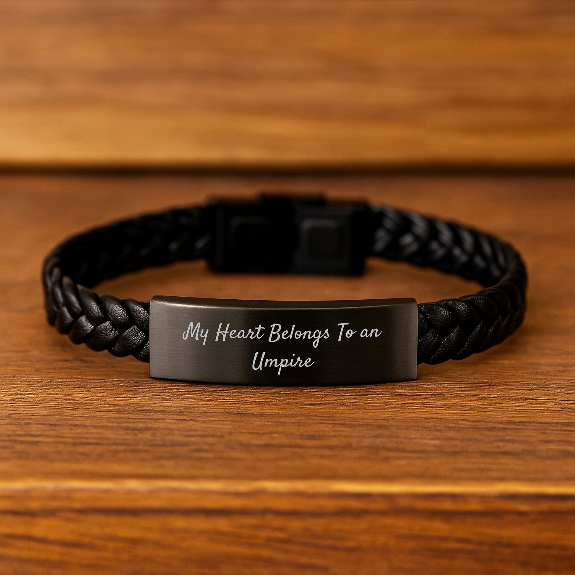 Funny Umpire Gifts for Men - Gifts from Family - My Heart Belongs To An Umpire Inspirational Umpire Interlaced Leather Bracelet - Image 2