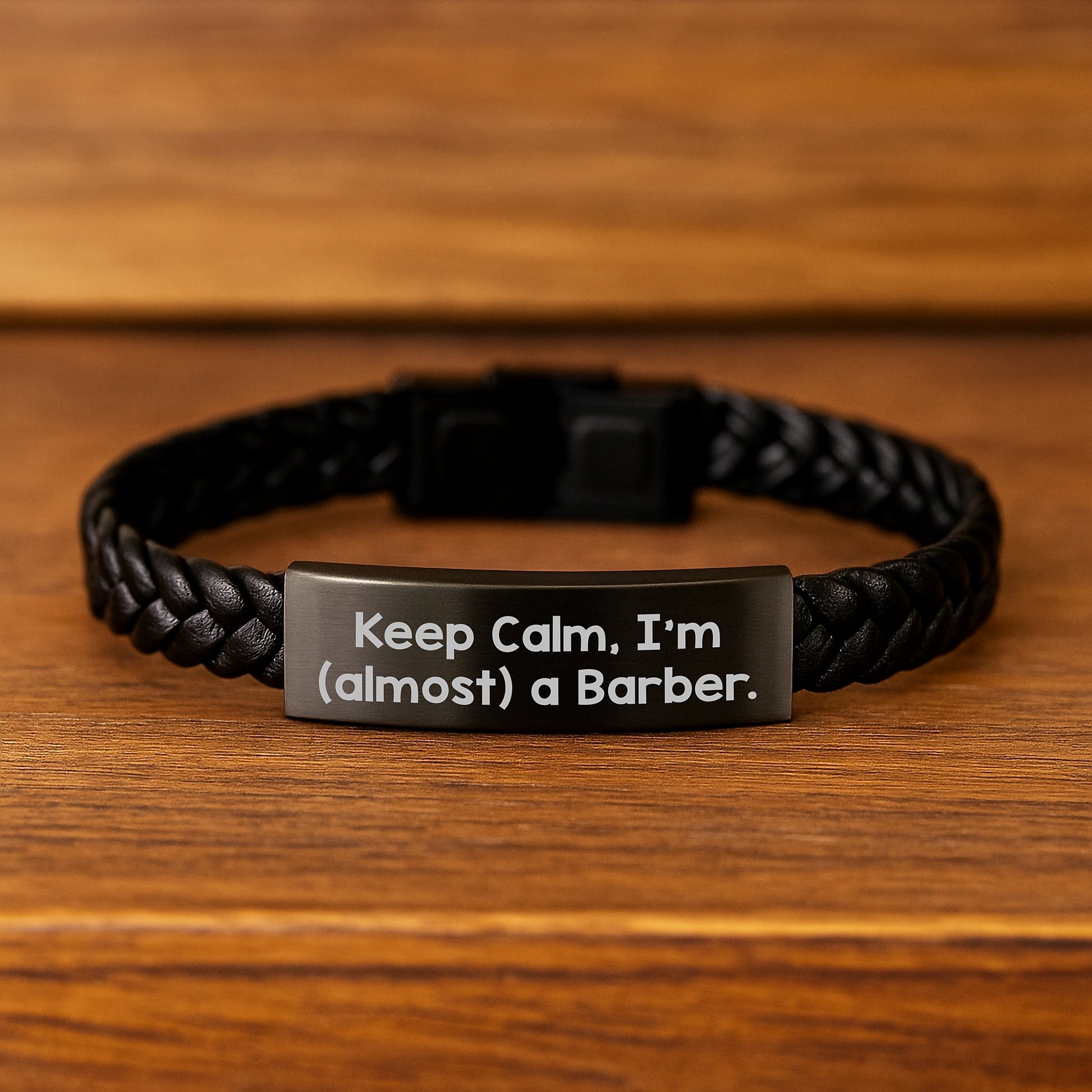 Funny Barber Gifts for Men, Keep Calm I'm Almost a Barber Interlaced Leather Bracelet Christmas Unique Presents - Image 2