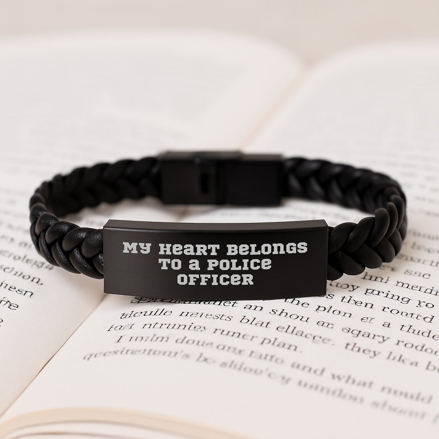 Police Officer Gifts from Men to Women - Funny Interlaced Leather Bracelet for Christmas Unique Presents, 'My Heart Belongs To A Police Officer' - Image 3