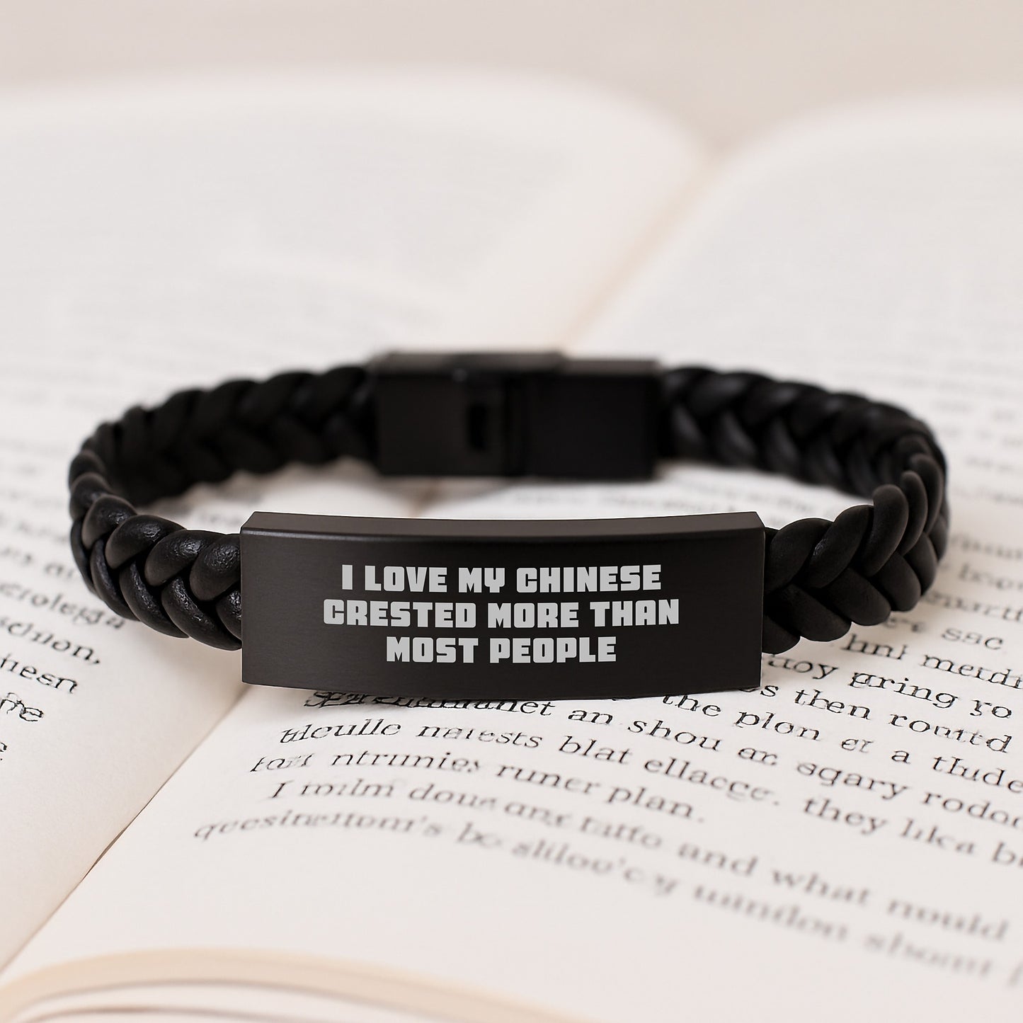 Funny Chinese Crested Dog Gifts for Men from Friends on Birthday - Interlaced Leather Bracelet with Quote 'I Love My Chinese Crested More Than Most People' - Image 3