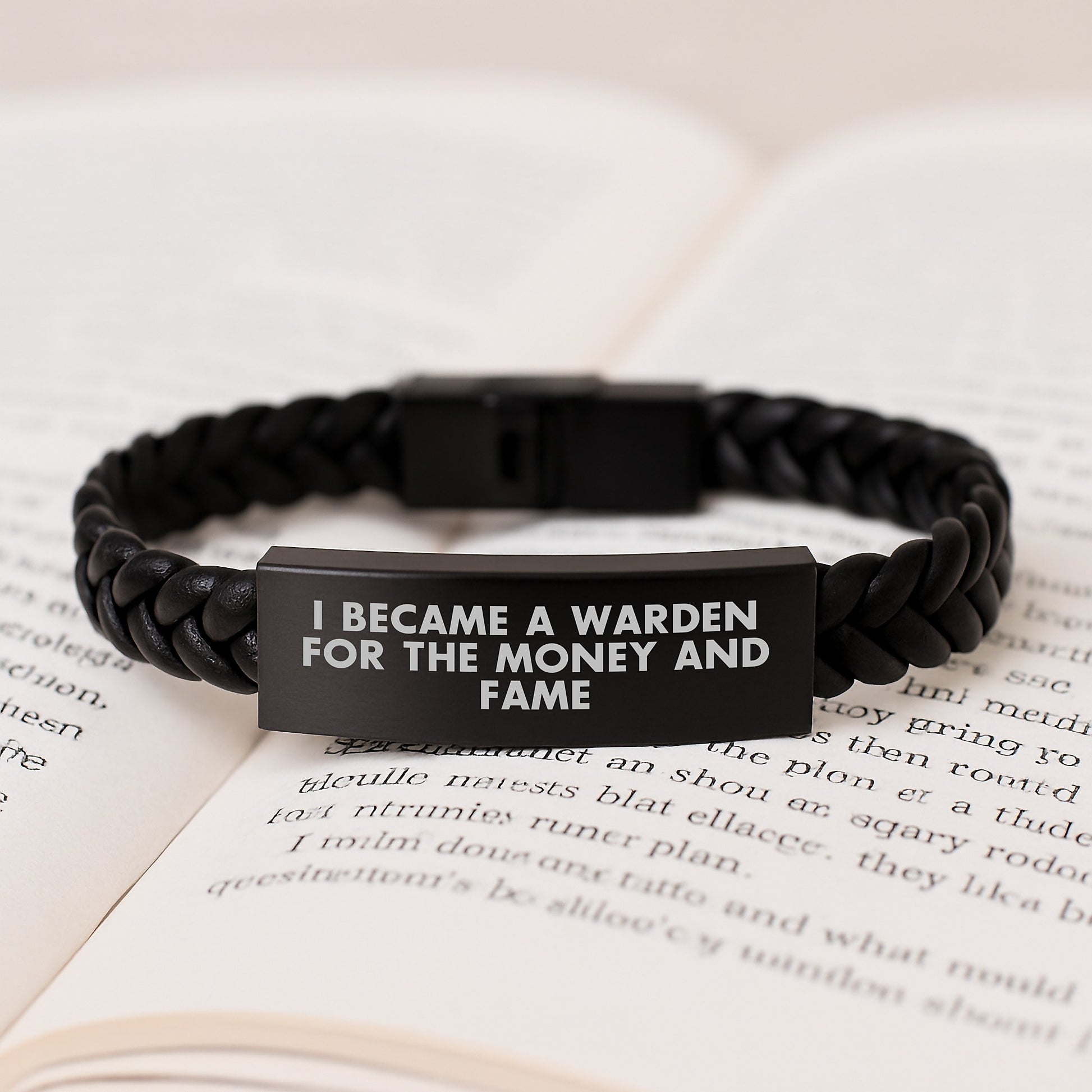 Funny Warden Gifts from Friends, Christmas Unique Gifts for Men, Interlaced Leather Bracelet with Quote I Became A Warden For The Money And Fame - Image 3