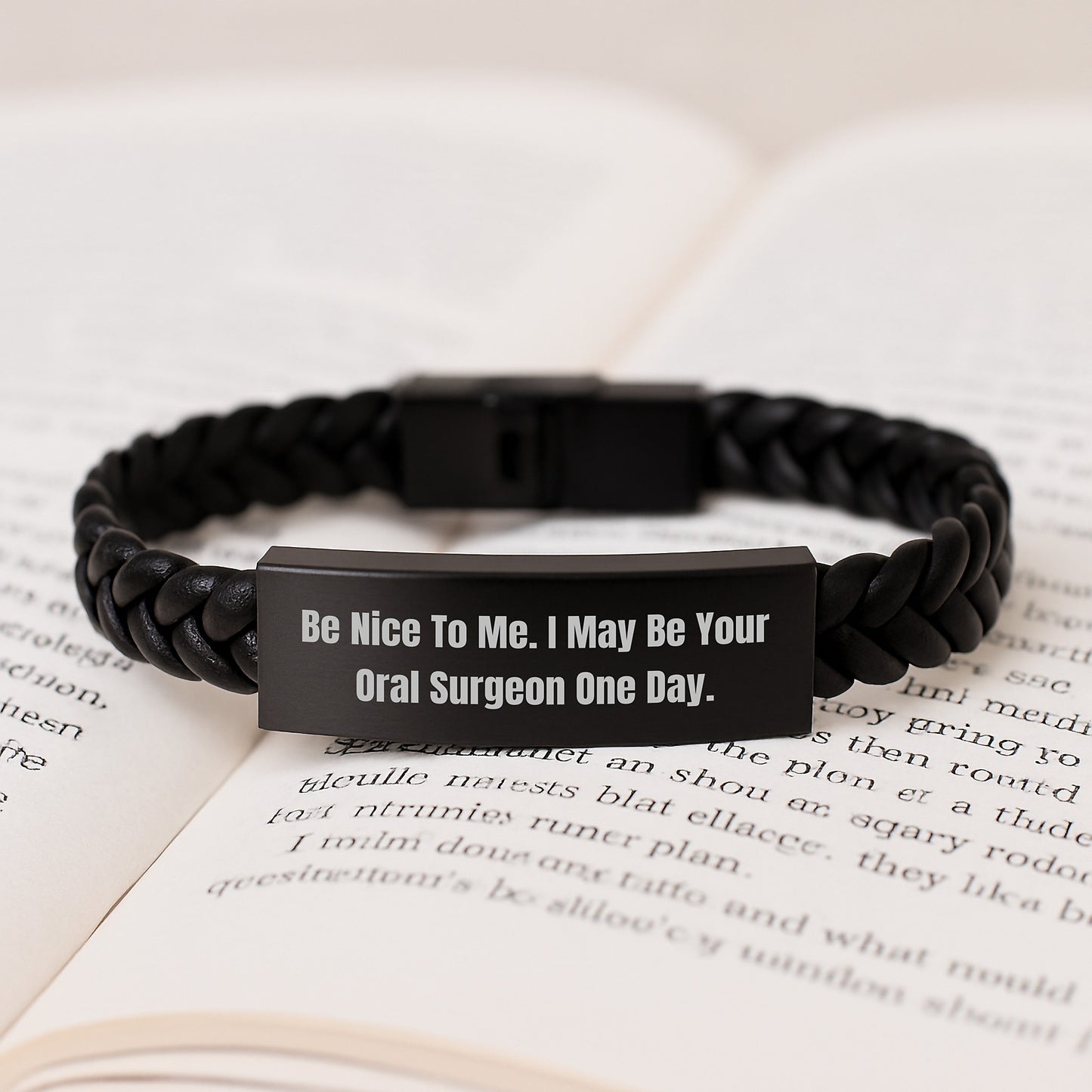 Funny Oral Surgeon Gifts, Birthday Unique Presents for Men, Women, or Friends, Interlaced Leather Bracelet with Stainless Steel, 'Be Nice To Me I May Be Your Oral Surgeon One Day' - Image 3