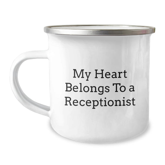 Funny Receptionist Gifts from Men, Unique Christmas Unique Gifts for the Receptionist Who Loves Camping, 'My Heart Belongs To A Receptionist' Enamel Camping Mug - Image 1