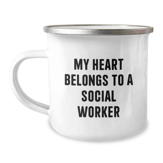 Gifts from Family for Social Worker, Funny Quote My Heart Belongs To A Social Worker, Christmas Unique Gifts for Social Worker, Camping Mug - Image 1