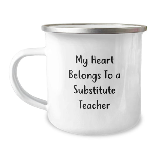 Funny Substitute Teacher Gifts for Him, 'My Heart Belongs To A Substitute Teacher' Enamel Camping Mug, Unique Christmas Unique Gifts from Friends to Family - Image 1