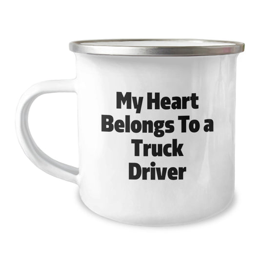 Funny Truck Driver Gifts, Christmas Unique Gifts from Family for Truck Driver, 'My Heart Belongs To A Truck Driver' Camping Mug - Image 1