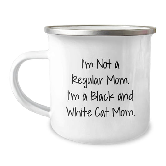 Black and White Cat Gifts, Funny Quote, Camping Mug for Graduation, Gifts from Friends for Black and White Cat Mom, 12 oz Stainless Steel Enamel Finish - Image 1