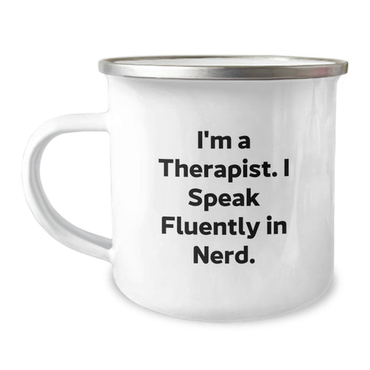 Gifts from Friends for Therapist - 'I'm A Therapist. I Speak Fluently In genius.' Funny Camping Mug For Birthday Unique Gifts - Image 1