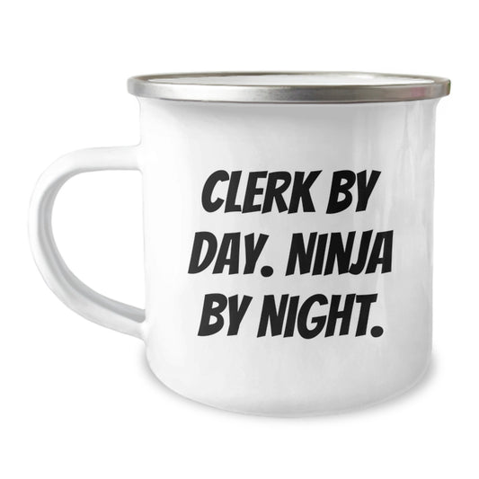 Clerks by Day, Ninja by Night, Funny Camping Mug for Birthday Unique Gifts from Friends to Coworkers - Image 1
