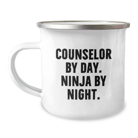 Counselor By Day, Ninja By Night, Funny Counselor Gifts for Birthday from Friends - 12 Oz Stainless Steel Camping Mug - Image 1