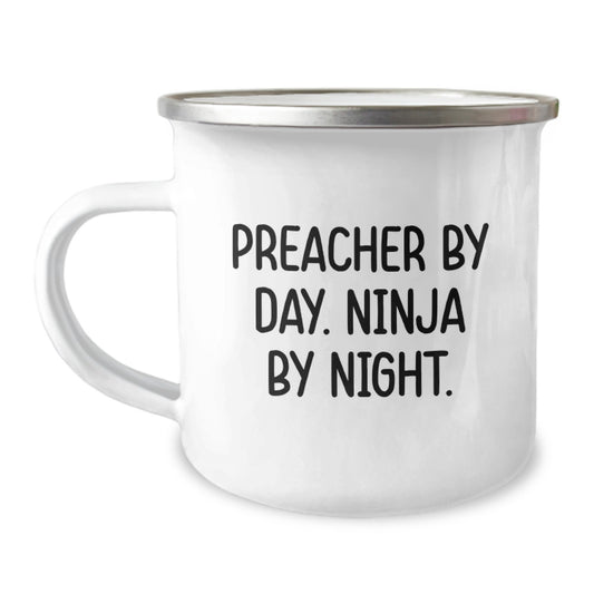 Preacher Gifts Funny Ninja Camping Mug for Birthday, Preacher By Day. Ninja By Night., Stainless Steel with Enamel Finish, 12 oz Capacity, Gifts from Men to Preacher - Image 1