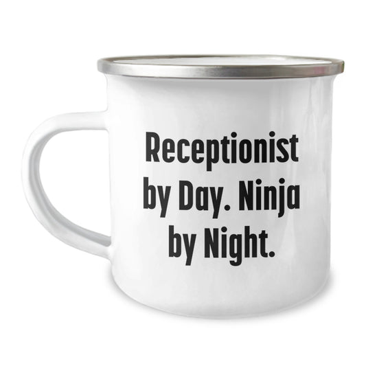 Receptionist Gifts from Friends, Funny Camping Mug for Birthday, 'Receptionist By Day. Ninja By Night.' Quote, 12 oz Stainless Steel with Enamel Finish - Image 1