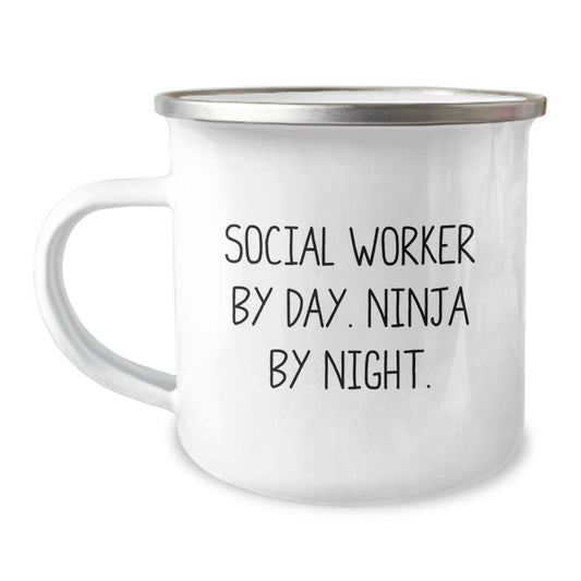 Christmas Unique Gifts for Social Workers, Social Worker By Day Ninja By Night Camping Mug, Funny Humorous Quote - Image 1