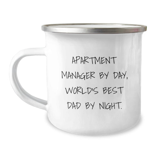 Funny Apartment Manager Gifts from Dad - Camping Mug for Birthday 'Apartment Manager By Day, World's Best Dad By Night.' - Image 1