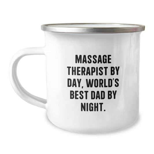 Funny Massage Therapist Gifts for Men - Camping Mug, 'Massage Therapist By Day, World's Best Dad By Night.' - Gifts from Dads to Massage Therapist on Birthday - Image 1