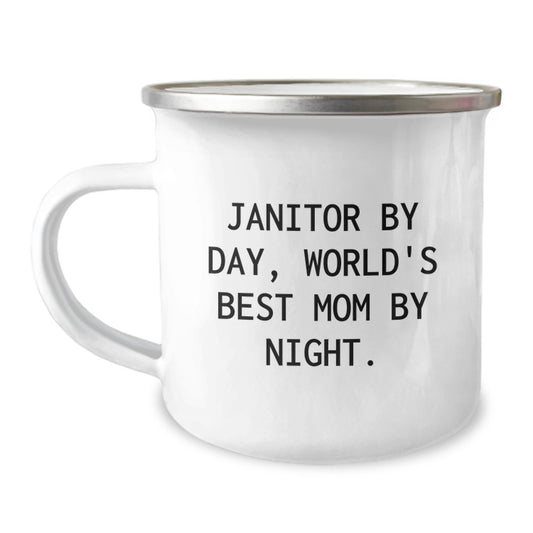 Janitor Gifts for Her, Funny Camping Mug from Mom, Birthday Unique Presents, 'Janitor By Day, World's Best Mom By Night.' - Image 1