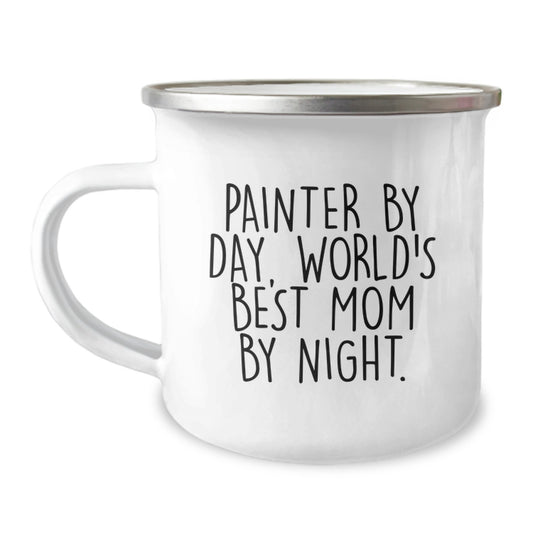 Funny Painter Gifts for Women - Christmas Unique Gifts from Mom, 'Painter By Day, World's Best Mom By Night.' Enamel Camping Mug for Painter Enthusiasts - Image 1