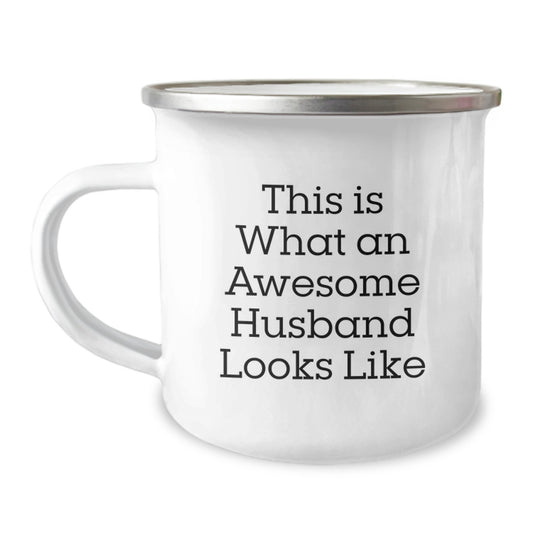Funny Husband Gifts from Men to Husband - Camping Mug for Graduation, This Is What An Awesome Husband Looks Like, Stainless Steel with Enamel Finish - Image 1