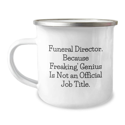 Funny Gifts from Men, Women or Friends for Funeral Director, 'Freaking genius' Enamel Camping Mug for Mother's Day Unique Gifts - Image 1