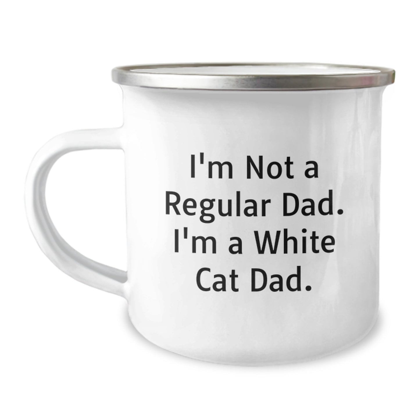Funny White Cat Gifts for Dad from White Cat Lover, Enamel Camping Mug, Christmas Unique Presents for Him - Image 1