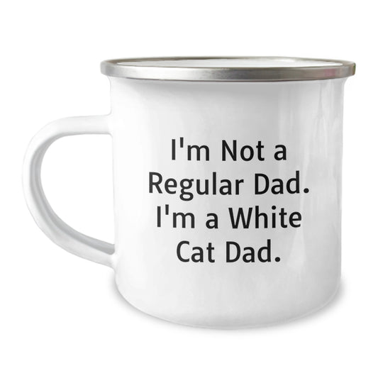 Funny White Cat Gifts for Dad from White Cat Lover, Enamel Camping Mug, Christmas Unique Presents for Him - Image 1