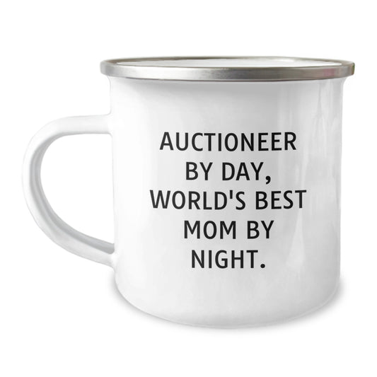 Funny Auctioneer Gifts for Family, Unique Camping Mug from Mom, Inspirational Quote - 'Auctioneer By Day, World's Best Mom By Night.' - Image 1