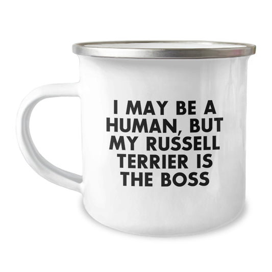 Funny Russell Terrier Dog Gifts for Valentine's Camping Mugs from Friends to Russell Terrier Dog Lovers, I May Be A Human, But My Russell Terrier Is The Boss - Image 1