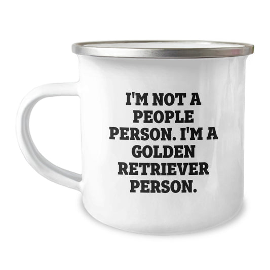 Funny Golden Retriever Dog Camping Mug Gifts for Men from Friends on Birthday - 'I'm Not A People Person. I'm A Golden Retriever Person.' Quote, 12oz Stainless Steel with Enamel Finish - Image 1