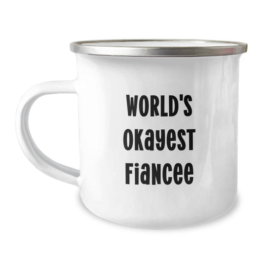 Funny Fiancee Gifts from Men for Birthday - World's Okayest Fiancee Camping Mug - Image 1