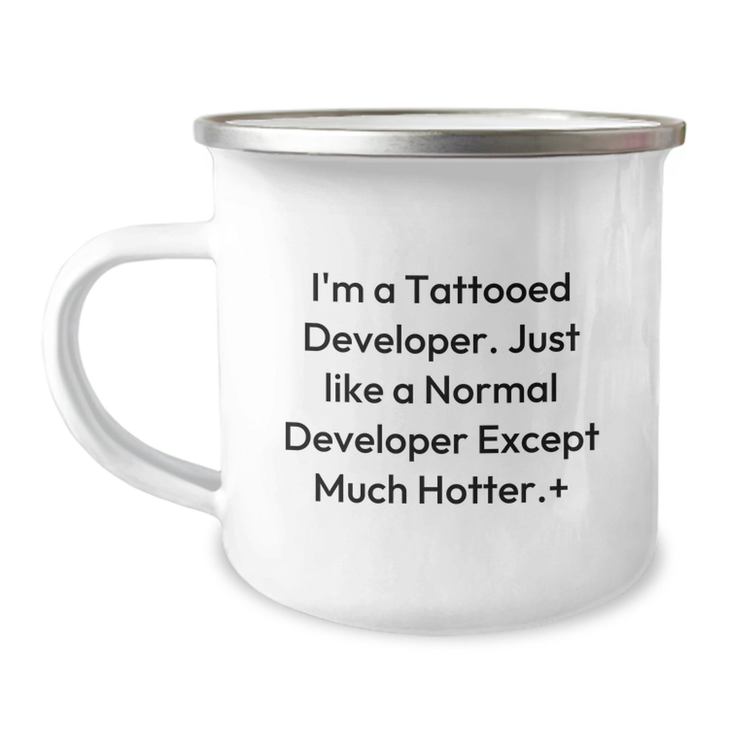 Funny Developer Gifts from Friends for Christmas - 'I'm A Tattooed Developer' Camping Mug - Image 1