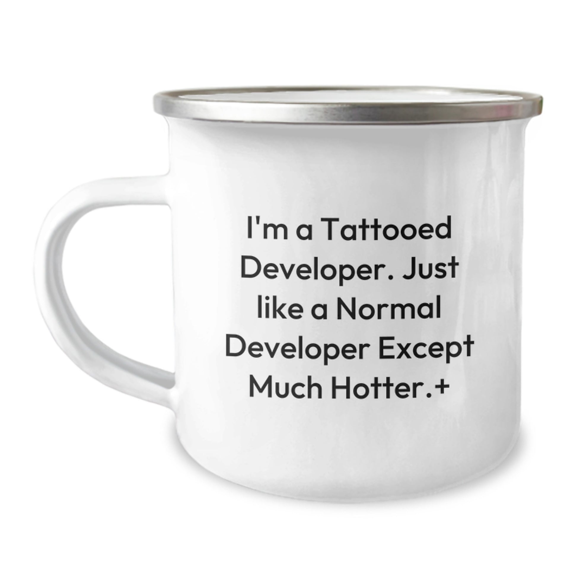 Funny Developer Gifts from Friends for Christmas - 'I'm A Tattooed Developer' Camping Mug - Image 1