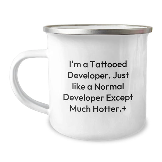 Funny Developer Gifts from Friends for Christmas - 'I'm A Tattooed Developer' Camping Mug - Image 1