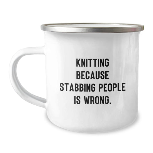 Funny Knitting Camping Mug, Christmas Unique Gifts from Friends to Knitting Enthusiasts, 'Knitting Because Stabbing People Is Wrong' Quote, Stainless Steel with Enamel Finish - Image 1