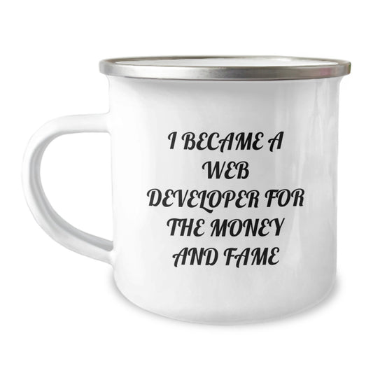 Funny Web Developer Gifts for Men, Camping Mug, 'I Became A Web Developer For The Money And Fame', Christmas Unique Gifts from Friends - Image 1