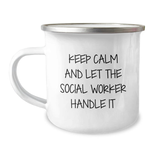 Funny Social Worker Camping Mug Gifts, Christmas Unique Presents for Social Worker Friends and Family, Keep Calm and Let the Social Worker Handle It, 12 oz Stainless Steel with Enamel Finish - Image 1