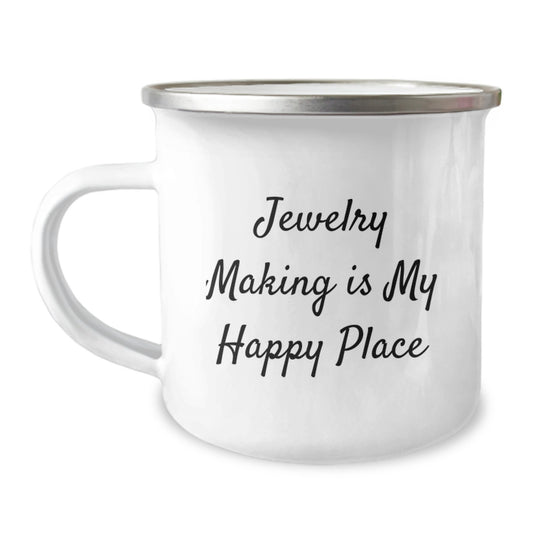 Unique Jewelry Making Gifts from Men, Funny Camping Mug for Father's Day, Inspirational Quote, 'Jewelry Making Is My Happy Place' - Enamel Finish Stainless Steel, 12 oz Capacity - Image 1