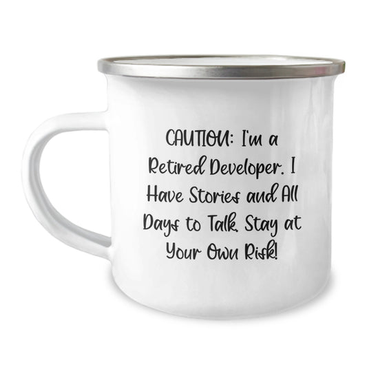Funny Developer Gifts, Camping Mug for Retired Coders, Gifts from Friends for Graduation, Stay At Your Own Risk! - Image 1