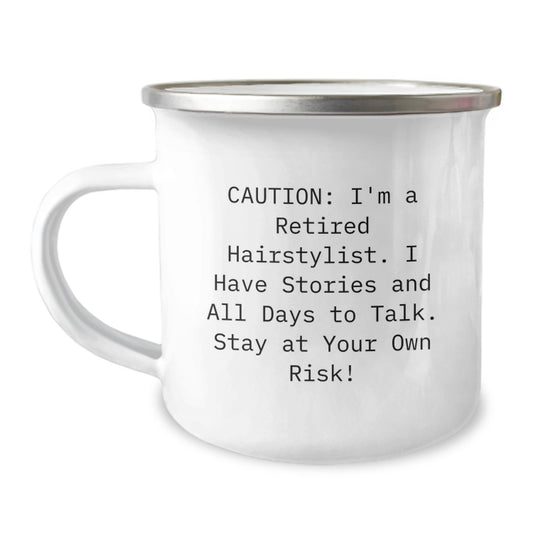 Funny Hairstylist Gifts for Friends - Christmas Unique Mugs from Men - I'm A Retired Hairstylist, Stay At Your Own Risk! - Camping Mug with Enamel Finish - Image 1