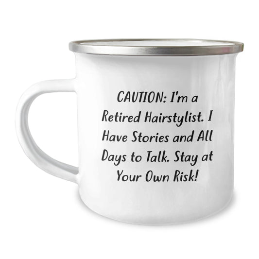 Funny Hairstylist Gifts from Men to Hairstylist Friends at Christmas - Stay At Your Own Risk! - Hairstylist Camping Mug - Image 1