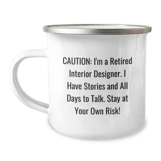 Funny Interior Designer Gifts from Friends for Christmas Unique Mugs - Stay At Your Own Risk! Interior Designer Camping Mug - Image 1